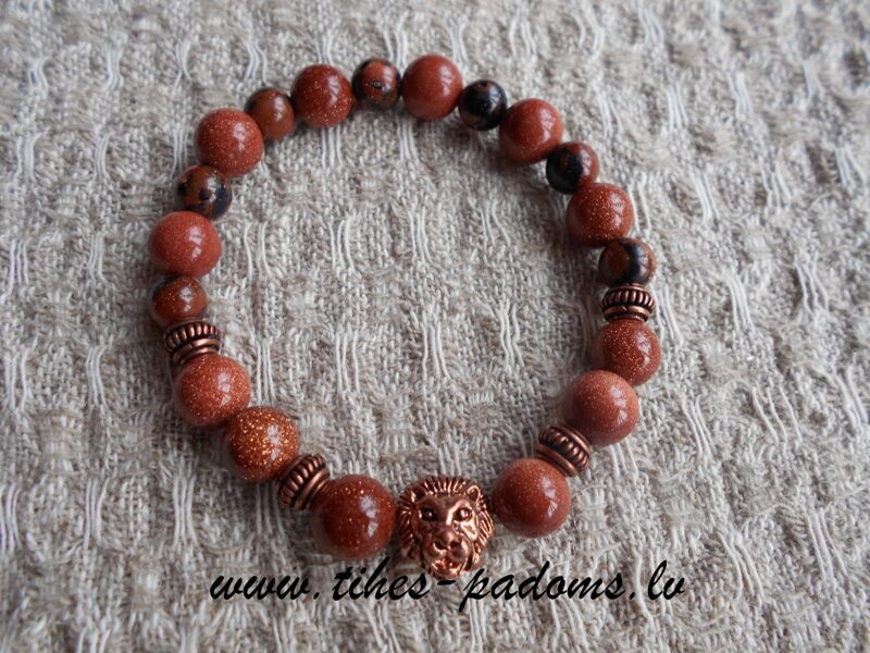 Zelta smilšu avanturīna aproce ar lauvas galviņu (17-18 cm)